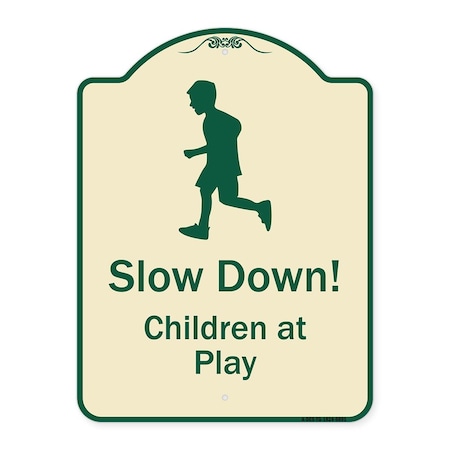 Signmission Designer Series-Slow Down Children At Play Tan & Green Heavy-Gauge Aluminum, 24" x 18", TG-1824-9891 A-DES-TG-1824-9891